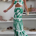 Cassie Ric Rac Trims Unique Print Halter Ring Tank and High Rise Wide Leg Pants Set