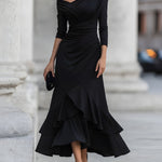 One-Shoulder Ruched Asymmetric Ruffle Hem Midi Dress