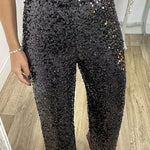 Glitzy Glamour Sequin High Rise Elastic Waist Wide Leg Pants