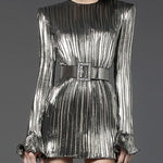 A-Line Flared Sleeves Belted Pleated Solid Color Round-Neck Mini Dresses