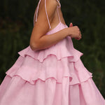 High Waisted Loose Backless Layered Pleated Solid Color Tied Spaghetti-Neck Mini Dresses