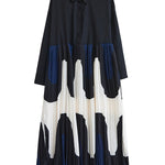 A-Line Long Sleeves Contrast Color Pleated Printing Split-Joint Polo Midi Dresses