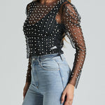 Pearl-Embellished Mesh Long-Sleeved Top
