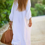 Solid Linen Blend Casual V Neck Balloon Sleeve Maxi Dress