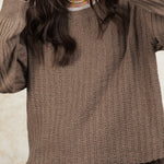 Smoke Gray Ribbed Contrast Neckline Drop Sleeve Sweater