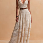 Boho Chic Ivory Crochet Halter Maxi Dress With Waist Belt