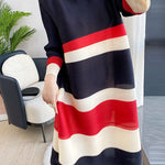 A-Line Loose Pleated Striped Round-Neck Midi Dresses