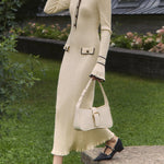 Long Sleeves Pleated Ruffled Split-Joint Lapel Maxi Dresses Sweater Dresses