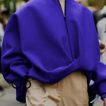 Loose Puff Sleeves Asymmetric Split-Joint Zipper Stand Collar Outerwear