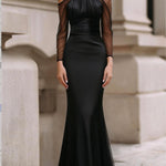 Elasticated Waist High Waisted Pleated See-Through Solid Color Split-Joint Halter-Neck Maxi Dresses