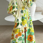 Summer Party Floral Print Balloon Sleeve Pocketed Belt Shirt Midi Dress