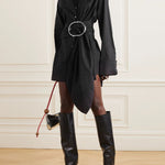 Long Sleeves Loose Belted Buttoned Lapel Mini Dresses Shirt Dress
