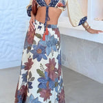 Unique Printed V-Neck Tie Cropped Top and Elastic Waist Casual Maxi Skirt Set