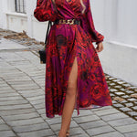 A-Line High Waisted Elasticity Flower Print No Belt Split-Side V-Neck Maxi Dresses