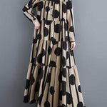 A-Line Long Sleeves Buttoned Pleated Polka-Dot Split-Joint Stand Collar Maxi Dresses Shirt Dress