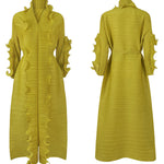 Original Loose Long Sleeves Tied Pleated Falbala Solid Color V-Neck Maxi Dresses