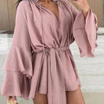 Flared Sleeves Loose Lace-Up Pleated Solid Color Split-Joint Tiered Round-Neck Mini Dresses