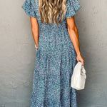 Blue Abstract Print Split V Neck Shirred High Waist Maxi Dress