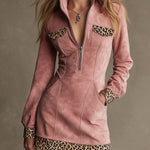 Western Retro Long-Sleeved Leopard Print Pink Faux Suede Mini Dress