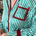 Striped Printed Color-blocked Trim Long-sleeved Loose Top and Elastic Waist Belt Wide-leg Pants Set