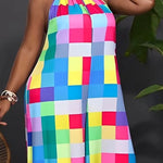 Loose Sleeveless Contrast Color Plaid Pleated Halter-Neck Jumpsuits
