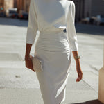 Elegant Boat Neck Ruched Waist Midi Dress