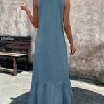A-Line Loose Pleated Ruffle Trim Solid Color V-Neck Maxi Dresses