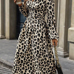 Elasticated Waist High Waisted Contrast Color Leopard Pleated Split-Joint V-Neck Maxi Dresses