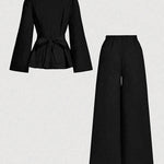 Long Sleeves Solid Color Split-Joint Tied Waist V-Neck Blouses&Shirts Tops