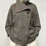 Long Sleeves Loose Asymmetric Houndstooth Plaid Stand Collar Jackets Outerwear