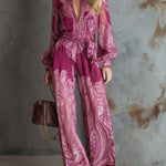 Elegant And Modern Hot Pink Printed Chiffon Long-sleeved Wide-leg Jumpsuit