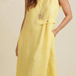 Linen Blend Solid Color Round Neck Sleeveless Loose Pocket Midi Dress