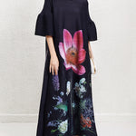 A-Line Flared Sleeves Flower Print Pleated V-Neck Maxi Dresses