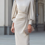 Draped Waist Puff Sleeve Midi Dress