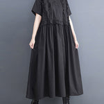 Simple Short Sleeves Loose Buttoned Falbala Split-Joint Solid Color Midi Shirt Dress