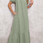 Women's Puff Sleeve Square Neck Check Maxi Dress