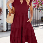 Loose Ruffle Sleeves Pleated Pockets Solid Color Split-Joint V-Neck Midi Dresses