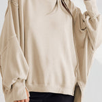 Long Sleeves Loose Fringed Solid Color Split-Joint Split-Side Round-Neck Sweatershirt