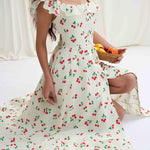 High Waisted Loose Buttoned Elasticity Flower Print Pleated Square-Neck Midi Dresses