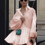 Urban Puff Sleeves Buttoned Split-Joint Solid Color Lapel Mini Dresses Shirt Dress