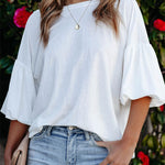White Solid Color Casual Bubble Sleeve Blouse