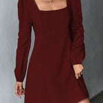 A-Line High Waisted Solid Color Split-Joint Square-Neck Mini Dresses