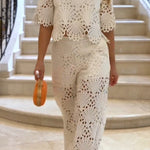 Eliose Scallop Cutout Embroidery Lace Elastic Waist Pocket Loose Pants
