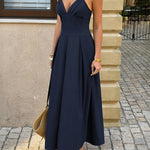 A-Line High Waisted Backless Pleated Solid Color Split-Joint Spaghetti-Neck Midi Dresses