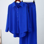 Solid Color High-Low Long Sleeves Lapel Blouses + Drawstring Pants Two Pieces Set