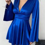 Bodycon Elasticated Waist Solid Color Deep V-Neck Mini Dresses