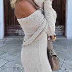 Marisol Ribbed Boucle Material Draped Off Shoulder Stretch Vacation Maxi Dress