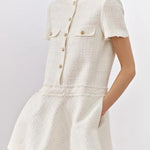 1960s London Girl Tweed Textured Gold Button Short Sleeve Pocketed Mini Dress