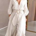 Full-Sleeve V Neck Belt Button Pocket Midi Dress