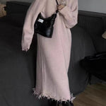 High Waisted Long Sleeves Fringed Solid Color Round-Neck Midi Dresses Sweater Dresses